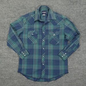 Wrangler Western Shirt Mens Medium Blue Plaid Pearl Snap Button Long Sleeve